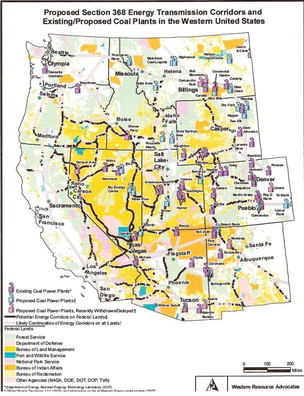 Figure 2 Relationship between proposed West-Wide energy corridors and existing coal-fired power plants (from Western Resource Advocates.)